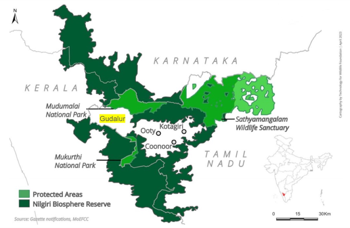 Map of the Nilgiri Biosphere Reserve with Gudalur marked, across Kerala, Karnataka and Tamil Nadu