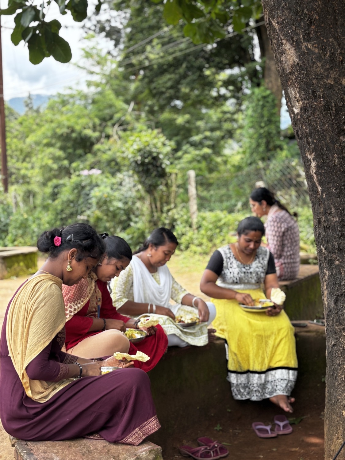 Group of women and girls eating together under a tree with a hill backdrop, a woman serving food